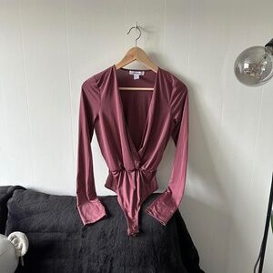 Burgundy long sleeve wrap bodysuit